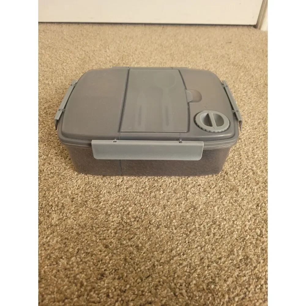NEW Gray Bento Lunch Box Meal Prep Container Utensils Sauce Cup Dividers